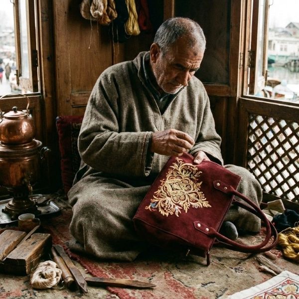 Arbeider uit Srinagar maakt een tas