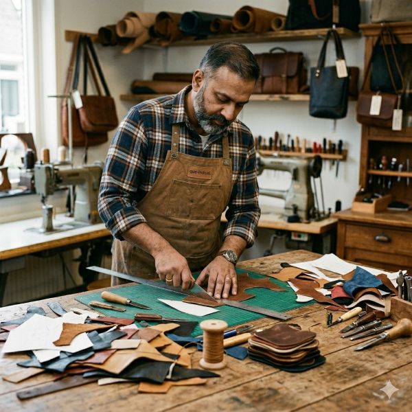 Arbeider uit India die restleer snijdt