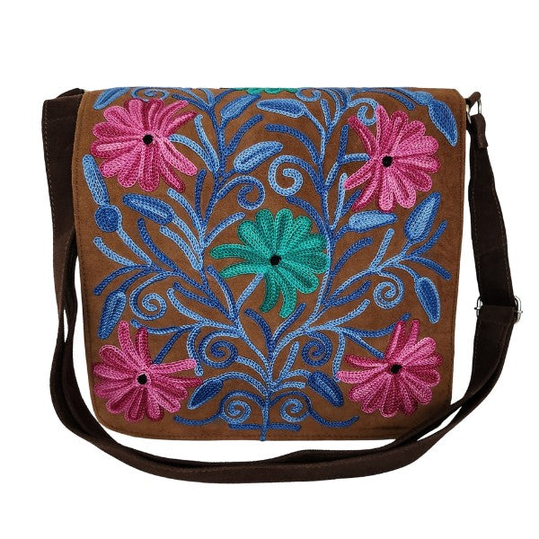 Suède schoudertas met borduursel uit Kasjmier