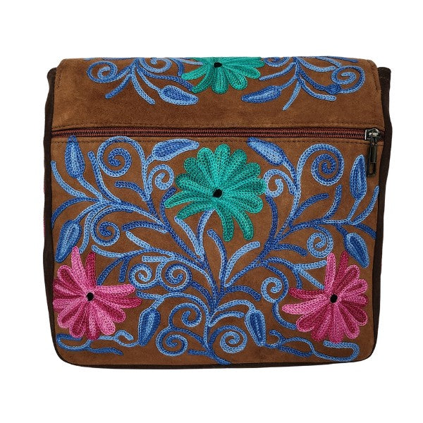 Suède schoudertas met borduursel uit Kasjmier