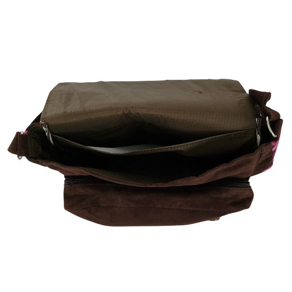 Suède schoudertas met borduursel uit Kasjmier