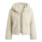 Faux fur jas met capuchon | crème