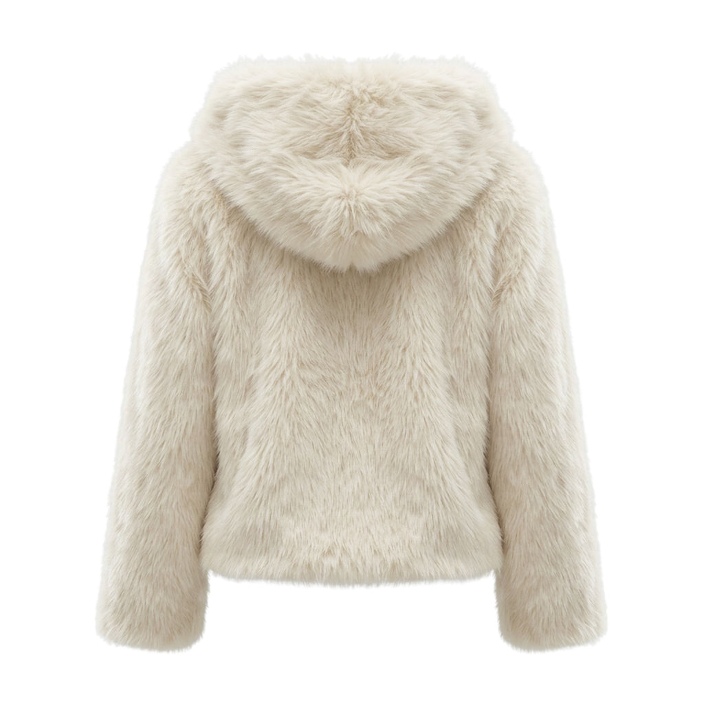 Faux fur jas met capuchon | crème