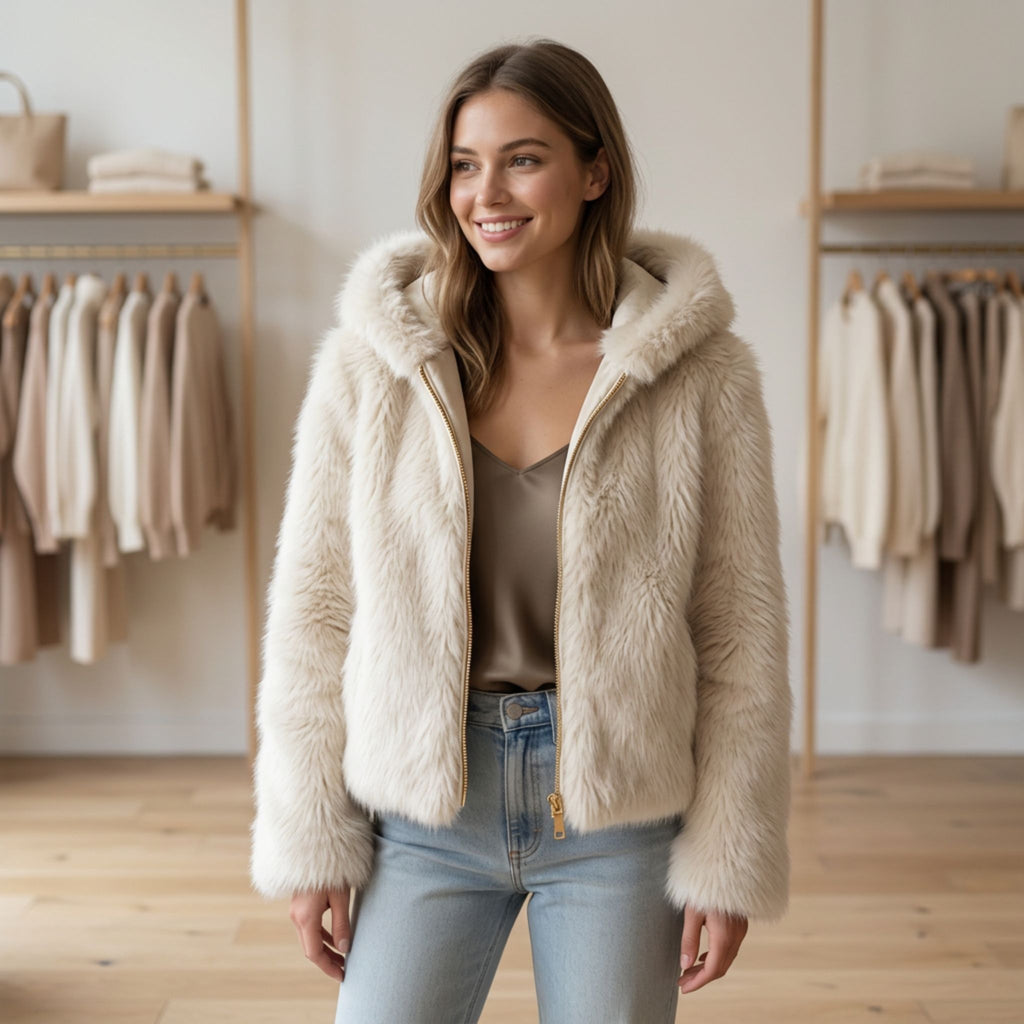 Faux fur jas met capuchon | crème