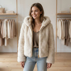 Faux fur jas met capuchon | crème