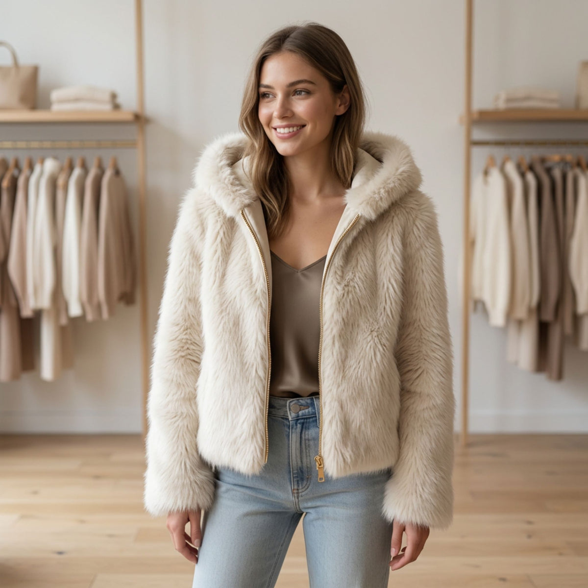 Faux fur jas met capuchon | crème