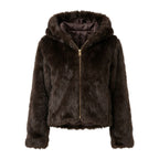 Faux fur jas met capuchon | donkerbruin