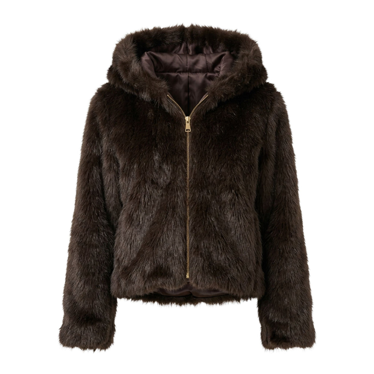 Faux fur jas met capuchon | donkerbruin
