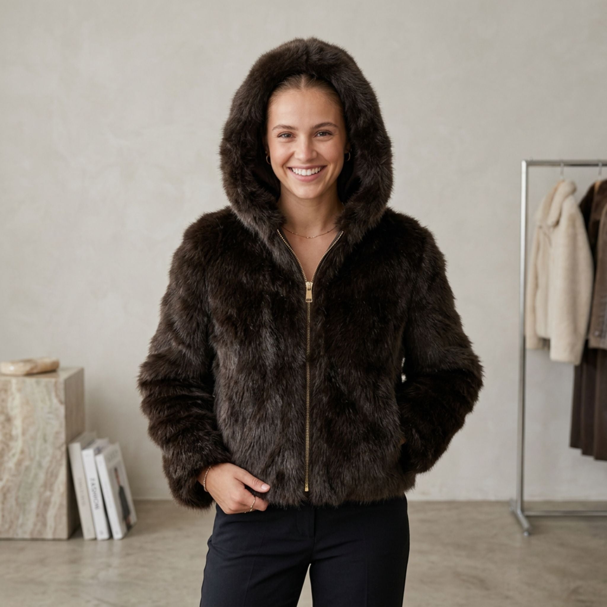 Faux fur jas met capuchon | donkerbruin
